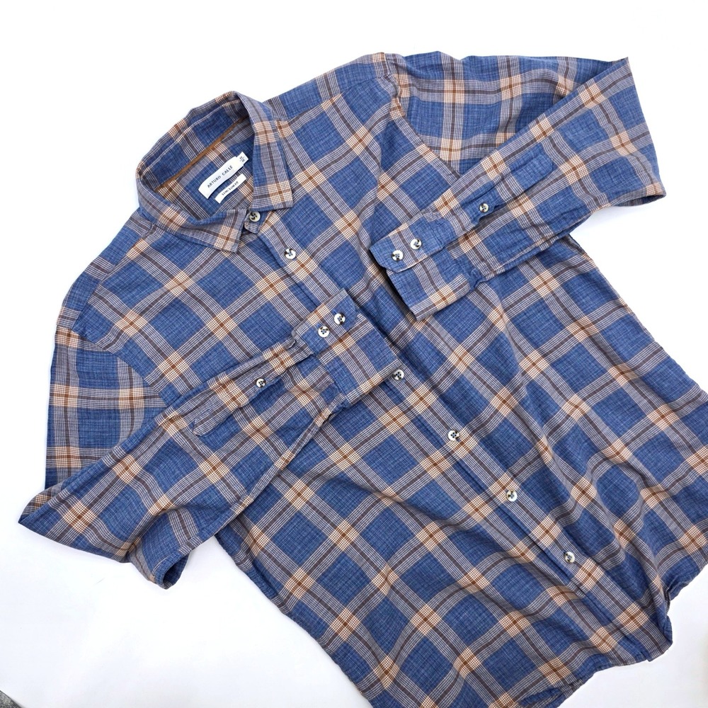 Arturo Calle Mens Semi Slim Fit Plaid Button Down Shirt Blue Brown Medium M